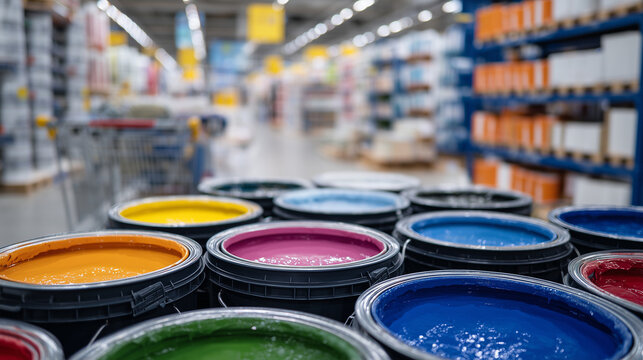 Paint buckets with splashes on lid rims, arranged in store aisle, blurry signage and cart in background