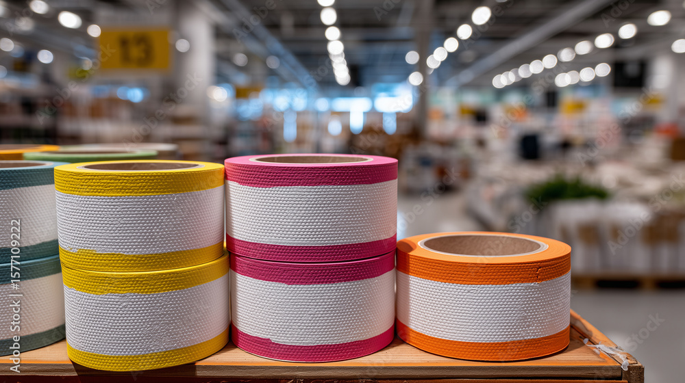 Poster rolls of painterâs tape with colored edges, stacked in display bin, hardware store background soft