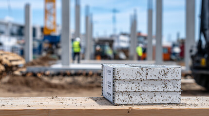 Box of masonry ties and reinforcements on dusty site table, close-up on metal edges, concrete slab and frame blur behind