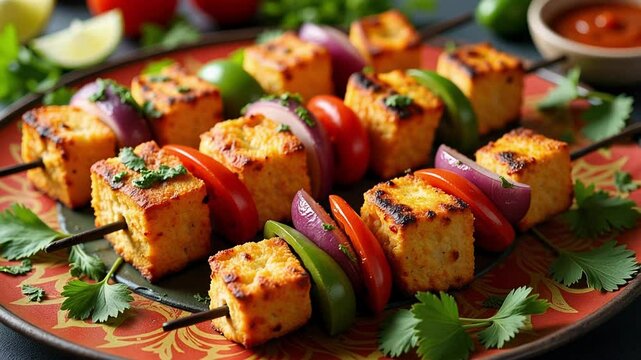 A delectable close-up presents paneer tikka skewers beautifully arranged on a festive platter, captured in stunning 4k resolution, showcasing Indian cuisine.