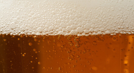 Macro Close-Up of Refreshing Beer with Bubbles and Foam