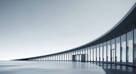 Modern curved building with large glass windows under a clear sky