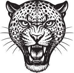 Detailed Black and White Illustration of an Aggressive Leopard Head with Open Mouth and Sharp Teeth