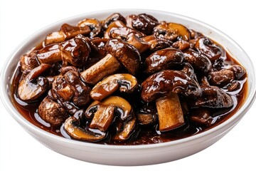 Fototapeta premium Mushroom recipe ideas: a delicious bowl of glazed mushrooms in a savory sauce for dinner or side dish