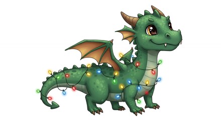 Obraz premium Cute cartoon dragon with christmas lights