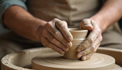 Skilled artisan male hand shapes handmade ceramic pottery on wheel. Man molds wet clay with skilled fingers. Handcraft pottery studio concept. Male craftsman creates ceramic artwork.