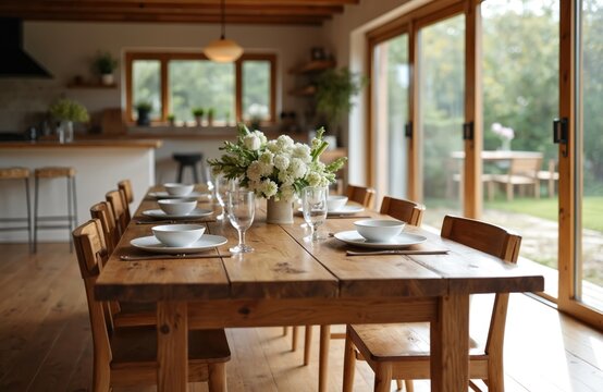 Dining room with wooden table, chairs. Table features white plates, wine glasses, white flowers. Gray tablecloth contrasts with wooden grain. Well-lit space with natural light from window.