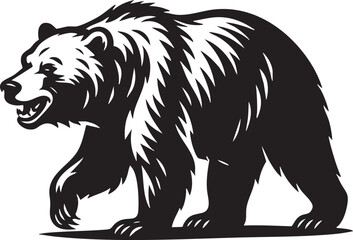 Powerful Black Bear Illustration Walking Grizzly Bear with Detailed Fur in a Bold Silhouette Style
