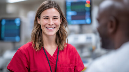 Fototapeta premium Warm expression on nurseâs face as she greets patient in examination room, red scrubs vibrant against white sterile surfaces and digital health monitors in the background