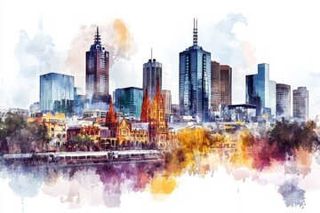 Melbourne Skyline Watercolor Painting - Vibrant watercolor cityscape, architecture, urban scene, modern buildings, historic church. Symbolizing progress, heritage, beauty, dynamism, and community.