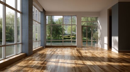 Obraz premium Sunlit empty room with hardwood floor and large windows overlooking a tranquil garden