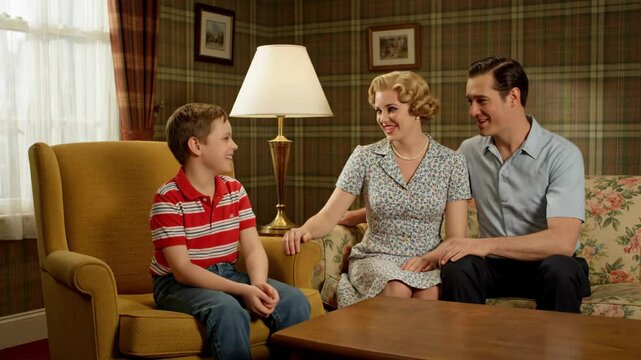Happy 1950s Family Laughing Together in Retro Living Room Interior

