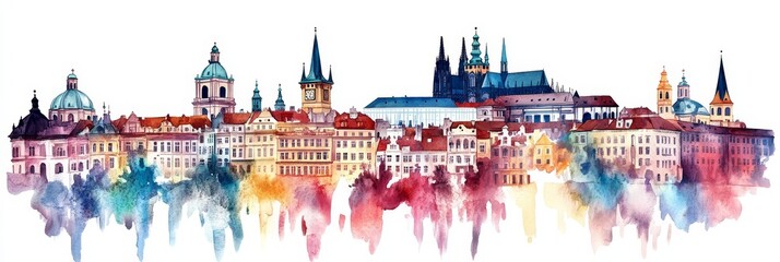 Prague Skyline Watercolor Painting - Charming watercolor cityscape, Bohemian architecture, vibrant colors, fairytale aesthetic, Czech Republic.