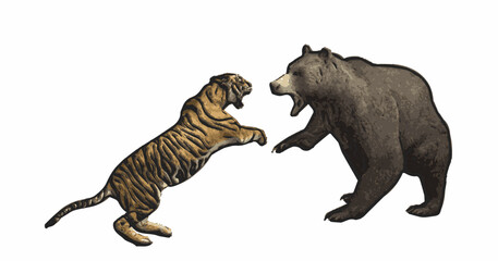 Vintage-style black and white illustration of a tiger and bear in a dynamic face-off, perfect for wildlife and nature themes.