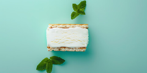 Layered Dessert with Cream and Wafers Framed by Mint Leaves on Teal Background

