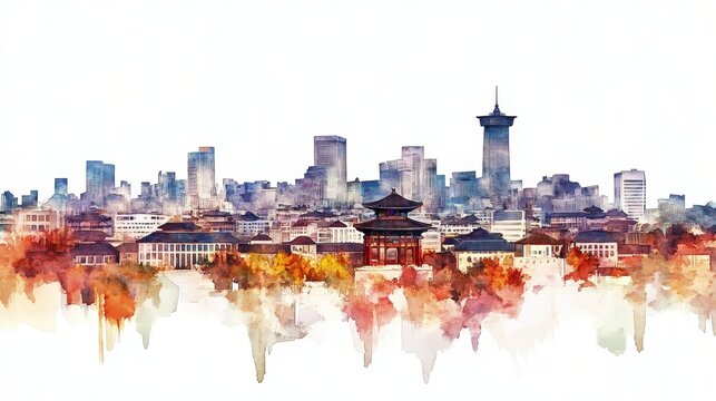 Seoul Skyline Watercolor Painting - A picturesque watercolor painting of the Seoul skyline, blending modern architecture with traditional Korean elements.
