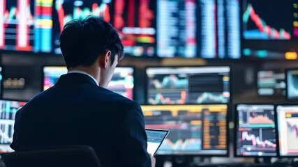 Asian Trader Analyzing Stock Market Data on Multiple Computer Screens - Powered by Adobe