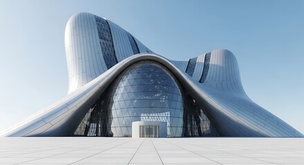 Modern and unique architectural structure with curved lines and glass elements