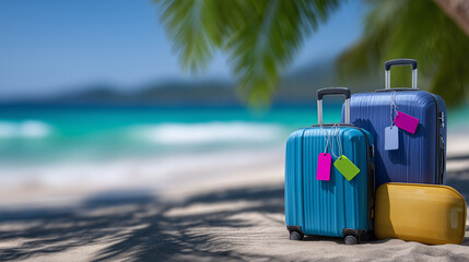 Two travel suitcases with colorful tags sit on soft beach sand, turquoise sea waves gently rolling in, palm tree shadows stretching over sand, vibrant summer travel and relaxation