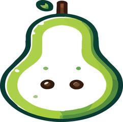 Cute cartoon illustration of a happy pear with brown eyes and green outline on white background