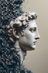 Marble Statue Portrait with Curly Hair and Beard on Pixelated Background