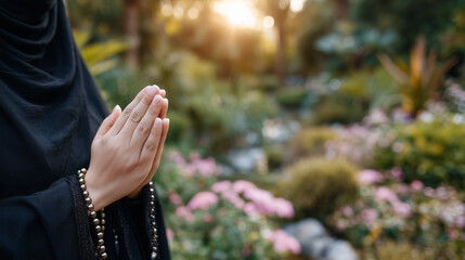 Close-up of hands of Muslim woman in black abaya, fingers counting prayer beads gently, blurred garden background with sunlight casting warm tones, evoking mindfulness and religiou