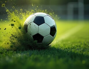 Fototapeta premium Soccer ball in motion on rich green grass soccer field with trees. Shiny black and white ball mid-air. Lush verdant soccer field blurred in background. Soccer ball in dynamic movement.