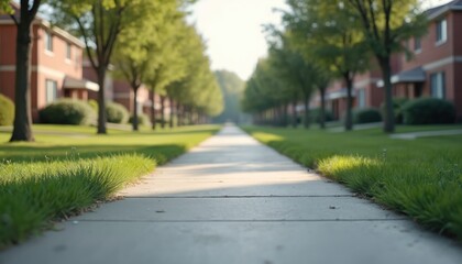 Serene suburban neighborhood with gray concrete sidewalk, traditional houses, red roofs, grass lawn, and leafy trees. Perspective view of street and houses in quiet residential area.