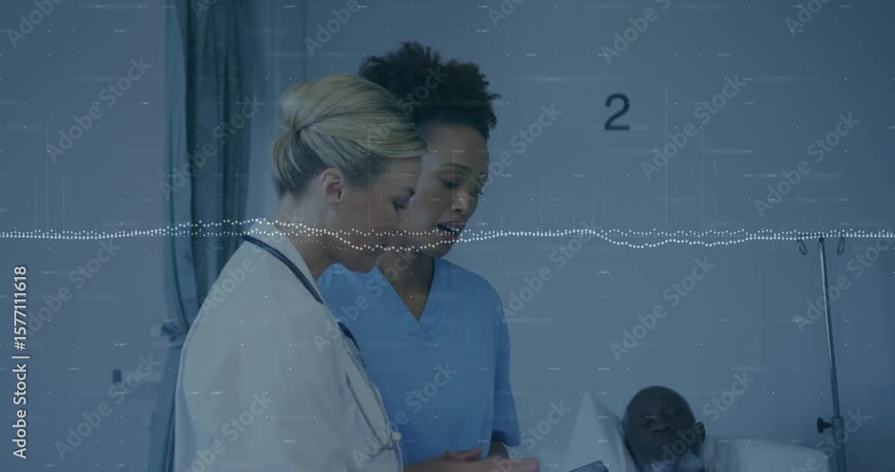 Poster nurse pointing tablet while doctor tapping screen and animating waveform for patient monitoring