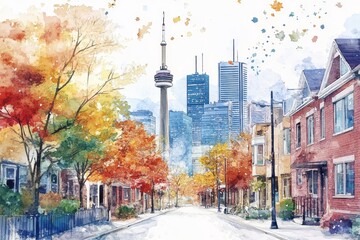 Toronto Autumn Street Scene Watercolor - Vibrant autumn leaves, city skyline, cozy homes, tranquil street, Canadian charm.