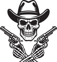 Monochrome Cowboy Skull with Crossed Guns A Vintage Western Illustration for Apparel and Design black