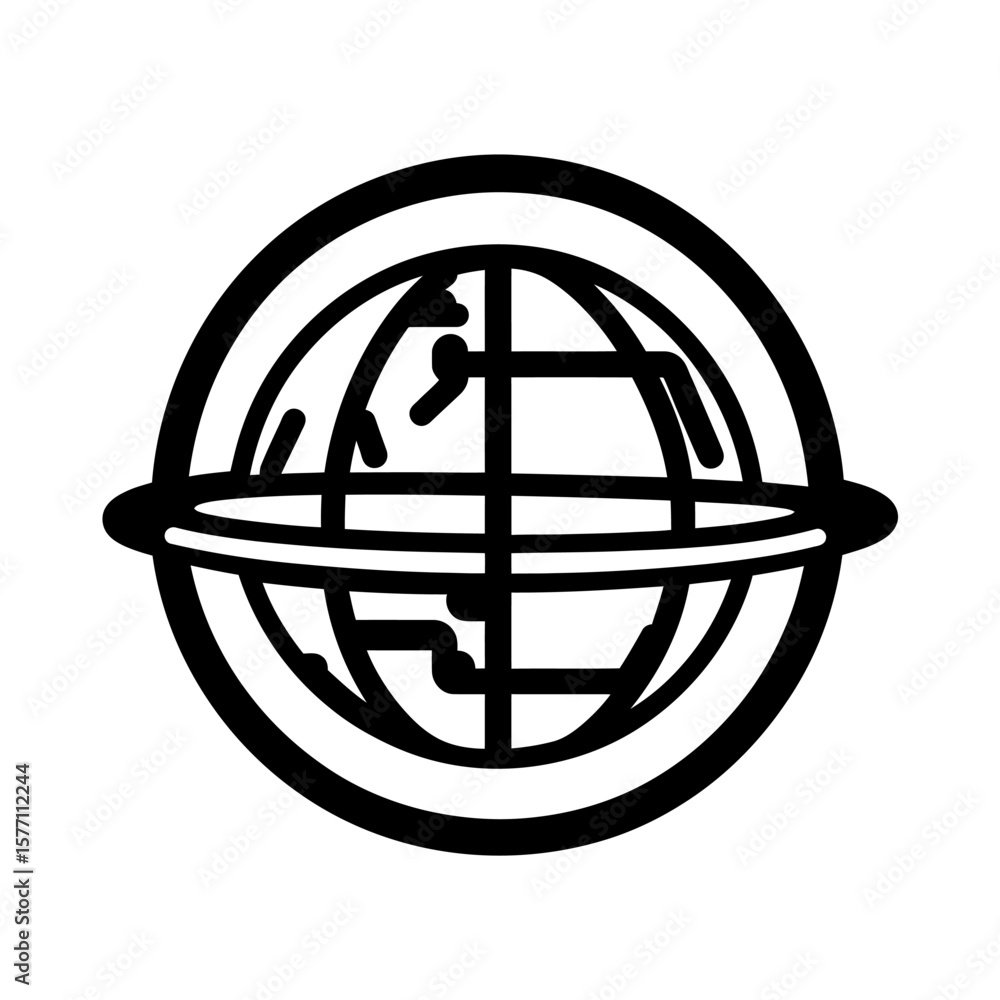 Poster black and white vector icon of earth globe with orbit ring and simplified continental shapes symboli