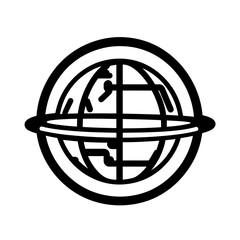 Black and white vector icon of Earth globe with orbit ring and simplified continental shapes symbolizing global connection and network technology