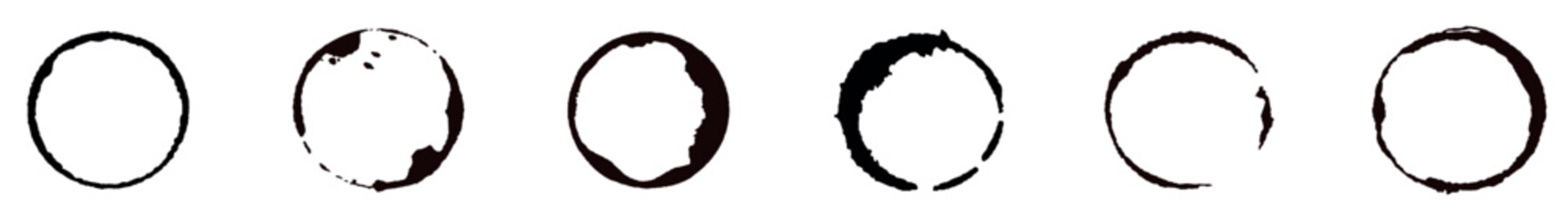 Round paint brush strokes set. Black grunge round stains collection. Ink or charcoal circular frames bundle for logo, label, poster, banner. Rough ring stamp mark pack. vector illustration