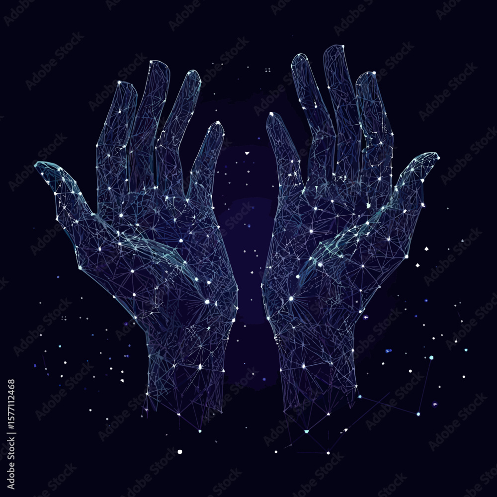 Poster digital low poly wireframe of two open human hands with glowing light dots and connecting lines on d