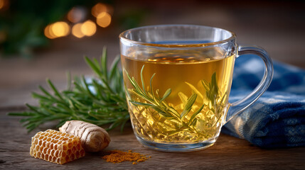 Close-up of transparent glass mug holding warm herbal tea glowing golden with turmeric and ginger, fresh rosemary and mint leaves on table beside honeycomb piece and turmeric powde