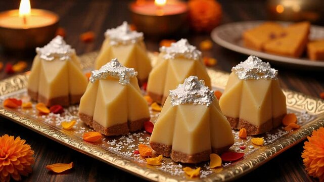 Experience the allure of rich and creamy Kaju Katli, a traditional Indian sweet, beautifully presented on a festive tray in stunning 4k footage.