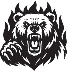 Fierce Bear Head with Open Mouth and Sharp Teeth in Black and White Illustration stylized