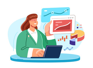 Financial analyst or investor monitoring dividend growth. Analyze data, online banking, investment, making money
