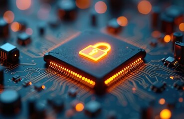 Black chip on circuit board with green border, intricate network of orange lights, blue lines. Complex system of circuits with orange, blue, green colors. Secure microchip technology, data
