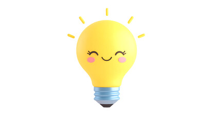 Smiling lightbulb with rosy cheeks and eyelashes on a white background.