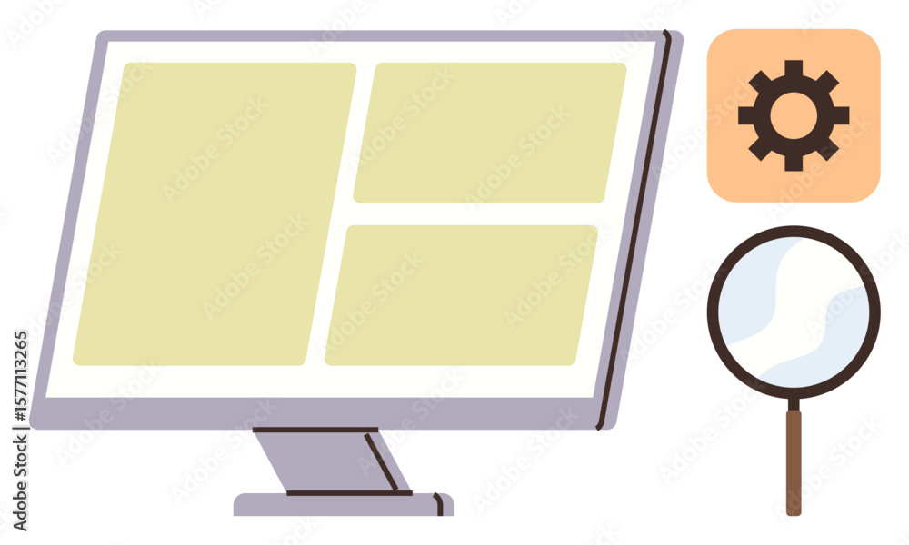 Poster computer monitor displaying grid layout design, magnifying glass symbolizing search, and gear for se