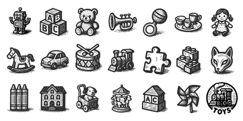 レトロ風おもちゃアイコンセット(モノクロ)、Retro Toy Icon Set in Monochrome