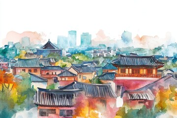 Watercolor Seoul Skyline: A City of Ancient Charm - Vibrant watercolor painting of Seoul's cityscape, blending traditional Korean architecture with modern skyscrapers.