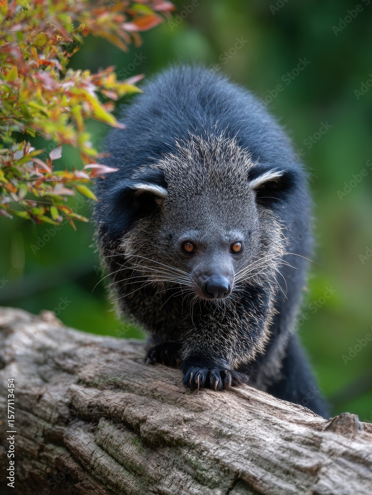 Poster binturong climbing gracefully on a log in a lush forest environment with soft lighting, creating a s