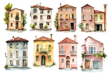 Watercolor Venice Italian Houses Clipart - Charming watercolor illustrations of eight unique Italian houses, symbolizing architecture, travel, Italy, charm, and home.