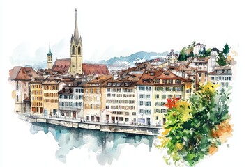 Watercolor Zurich Cityscape - Charming watercolor painting of Zurich, Switzerland.  Depicts architecture, river, nature, cityscape, and tranquility.