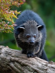 Binturong Climbing Gracefully on a Log in a Lush Forest Environment With Soft Lighting, Creating a Serene and Captivating Atmosphere