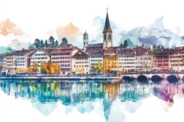 Watercolor Zurich Cityscape - Scenic watercolor painting of Zurich, Switzerland.  Evokes tranquility, beauty, architecture, travel, and Swiss charm.