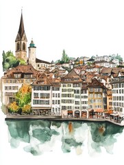 Watercolor Zurich Cityscape - Charming watercolor painting of Zurich, Switzerland. Symbolizing Swiss architecture, urban beauty, lakeside charm, tranquility, and historical significance.